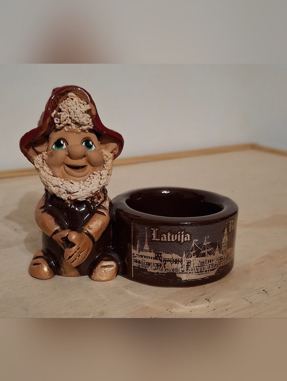 Vtg handmade by Oksana Danilina, Latvian Ceramic Gnome Figurine Trinket dish